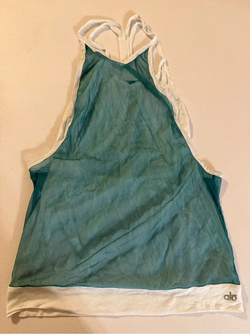 Alo Yoga Mesh Athletic Tank Top size XS Teal Sheer Logo Workout Shirt